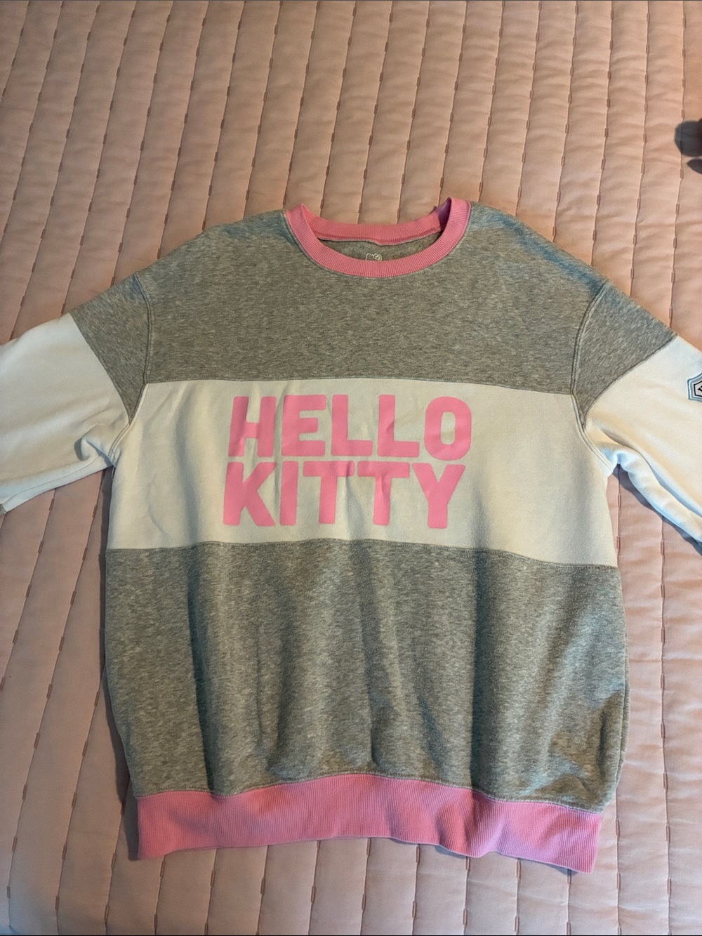 Hello Kitty Grey, White & Pink Colorblock Crewneck Sweatshirt